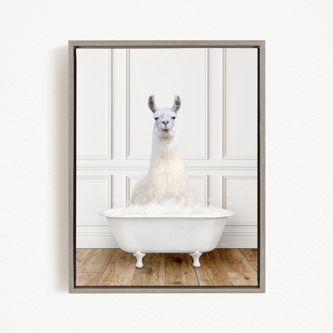 A white llama sitting in a white bathtub filled with bubbles, creating a whimsical and playful scene.
