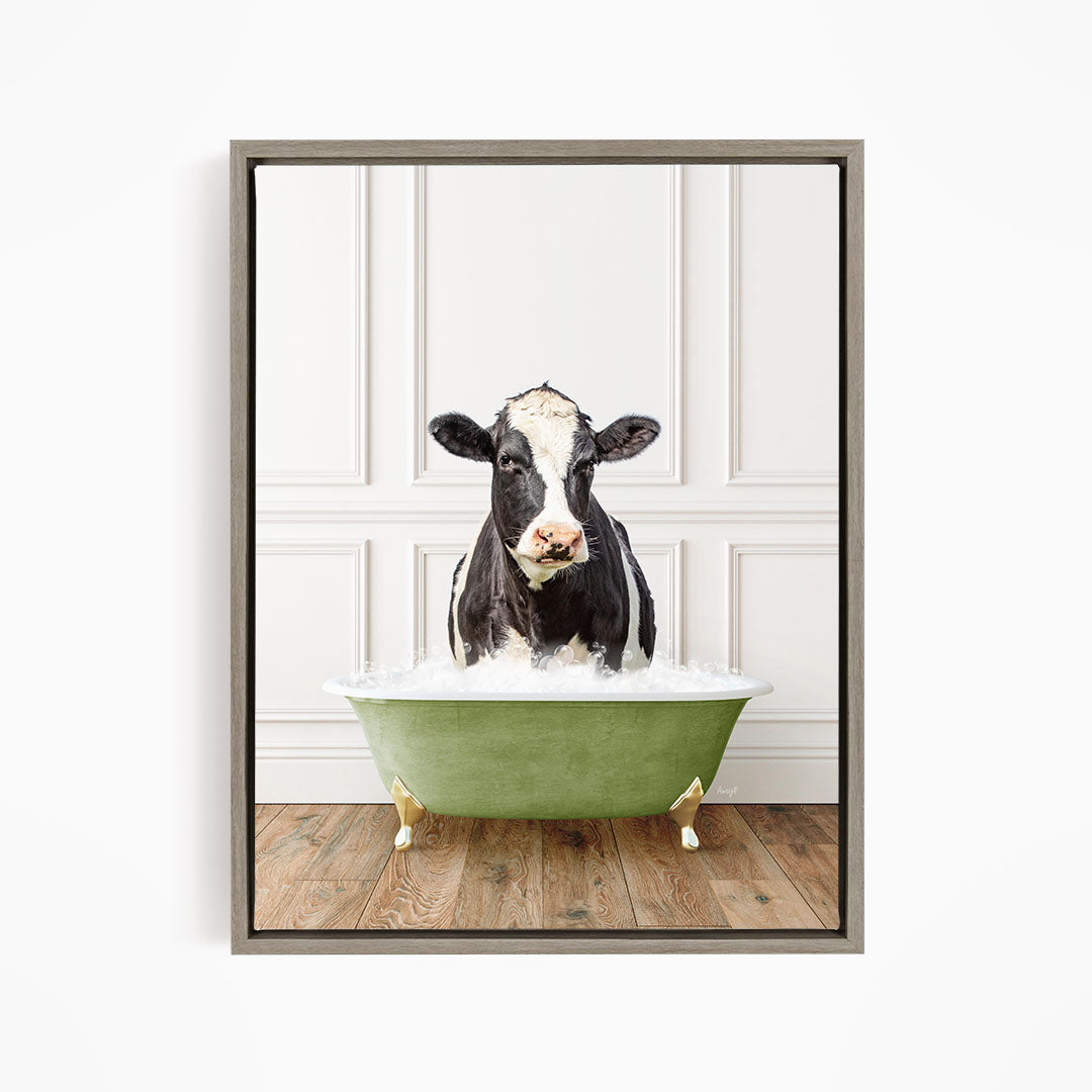 A black and white cow standing in a green bathtub filled with water, creating a humorous and whimsical scene.