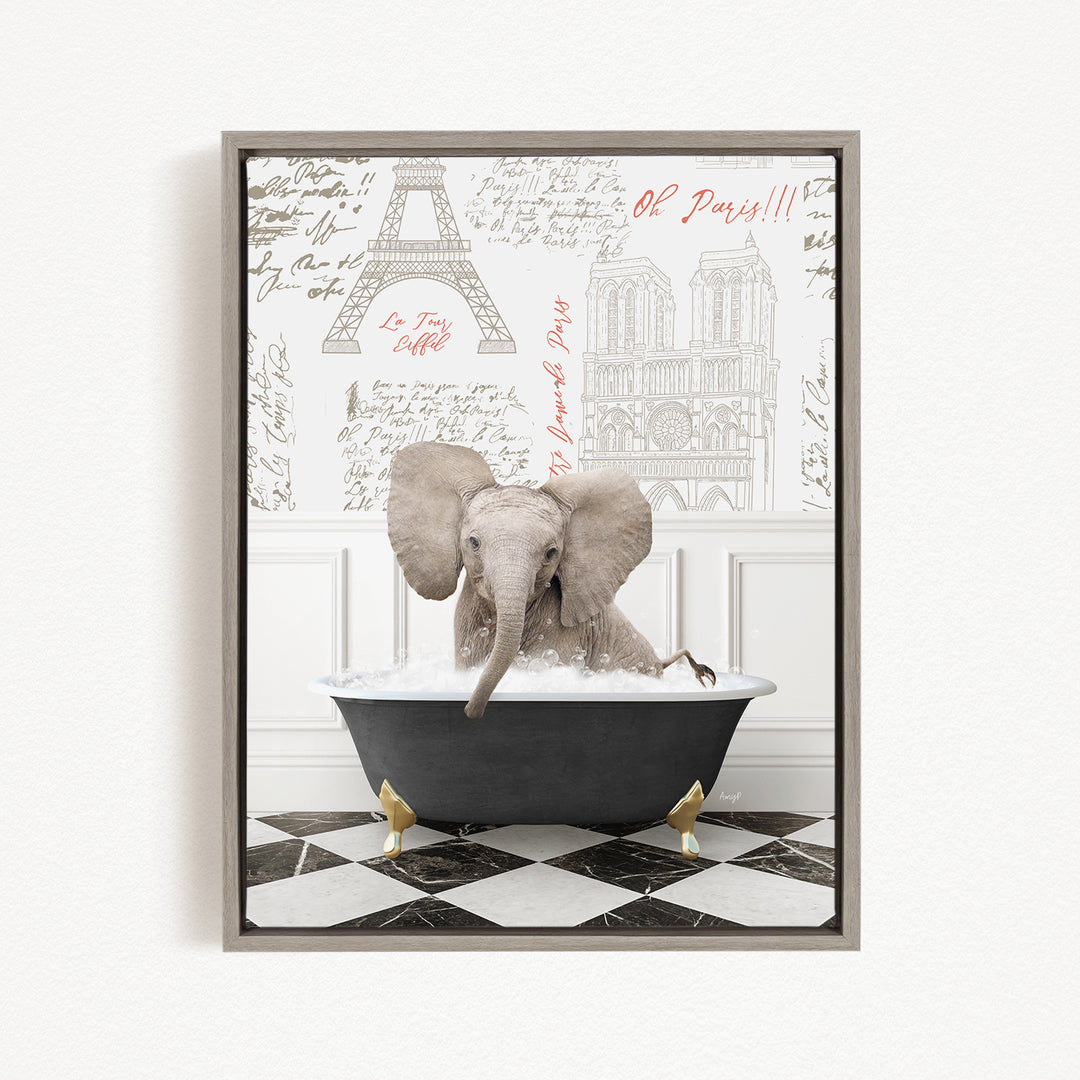A gray elephant sitting in a bathtub filled with water, surrounded by a checkered floor and a wall with the Eiffel Tower and other Parisian landmarks.