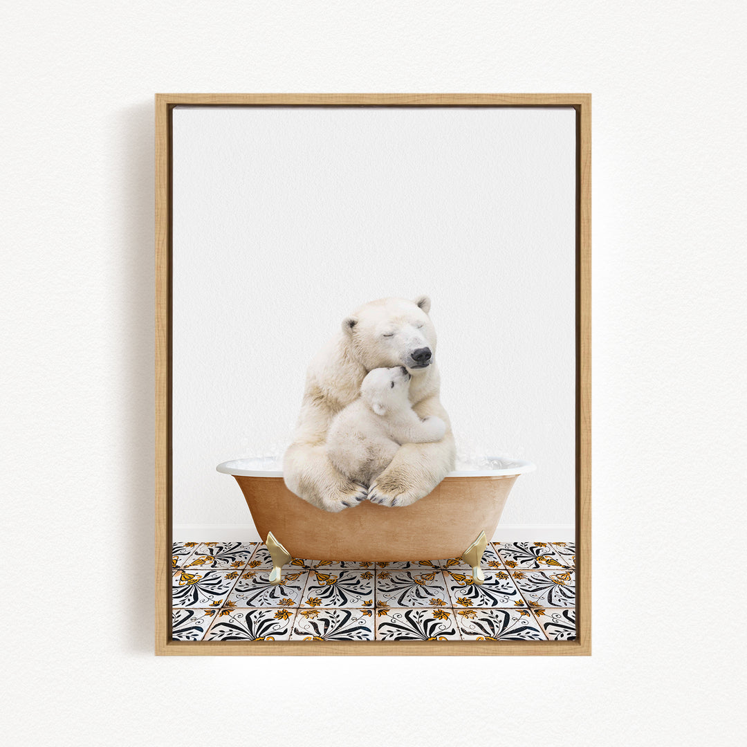 A polar bear sitting in a bathtub, with its head resting on a smaller polar bear.