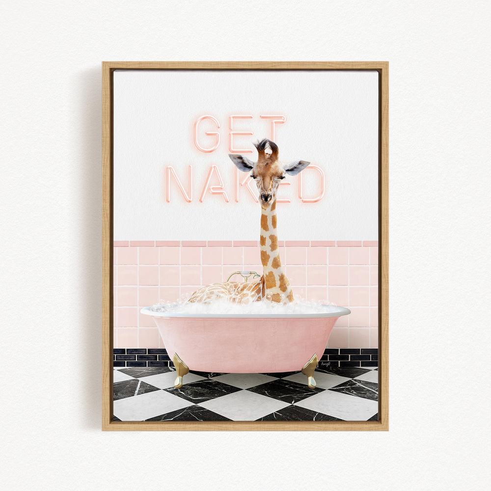 A giraffe sitting in a pink bathtub with a pink and white checkered floor, and a pink and white tiled wall behind it.