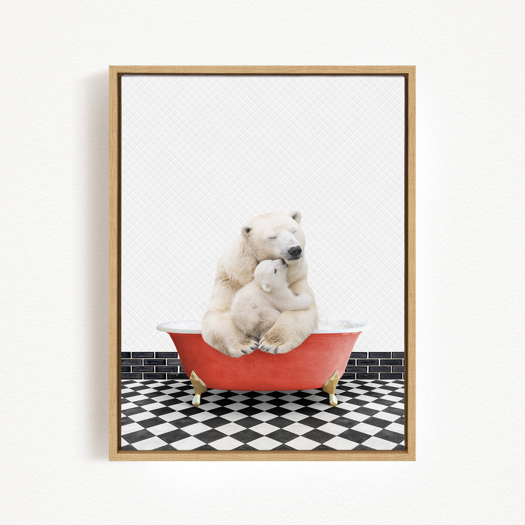 A polar bear is sitting in a red bathtub, with a smaller polar bear nestled next to it, creating a heartwarming scene.