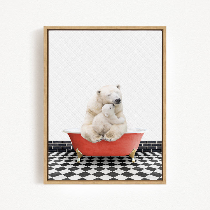 A polar bear is sitting in a red bathtub, with a smaller polar bear nestled next to it, creating a heartwarming scene.
