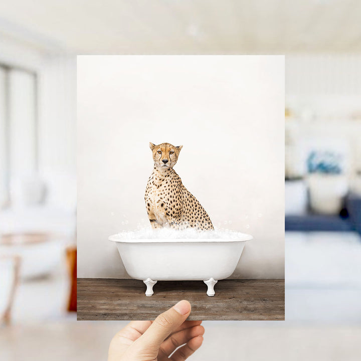 A cheetah sitting in a white bathtub filled with water, looking directly at the camera.
