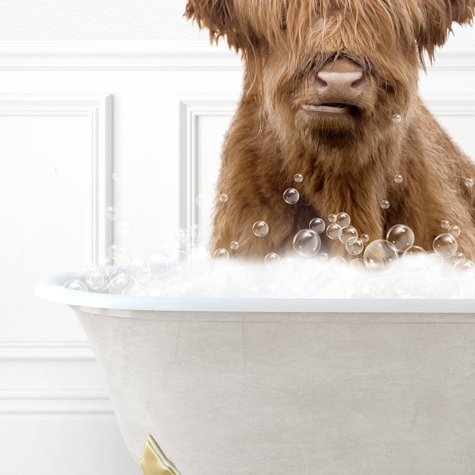 a brown dog sitting in a bath tub filled with bubbles