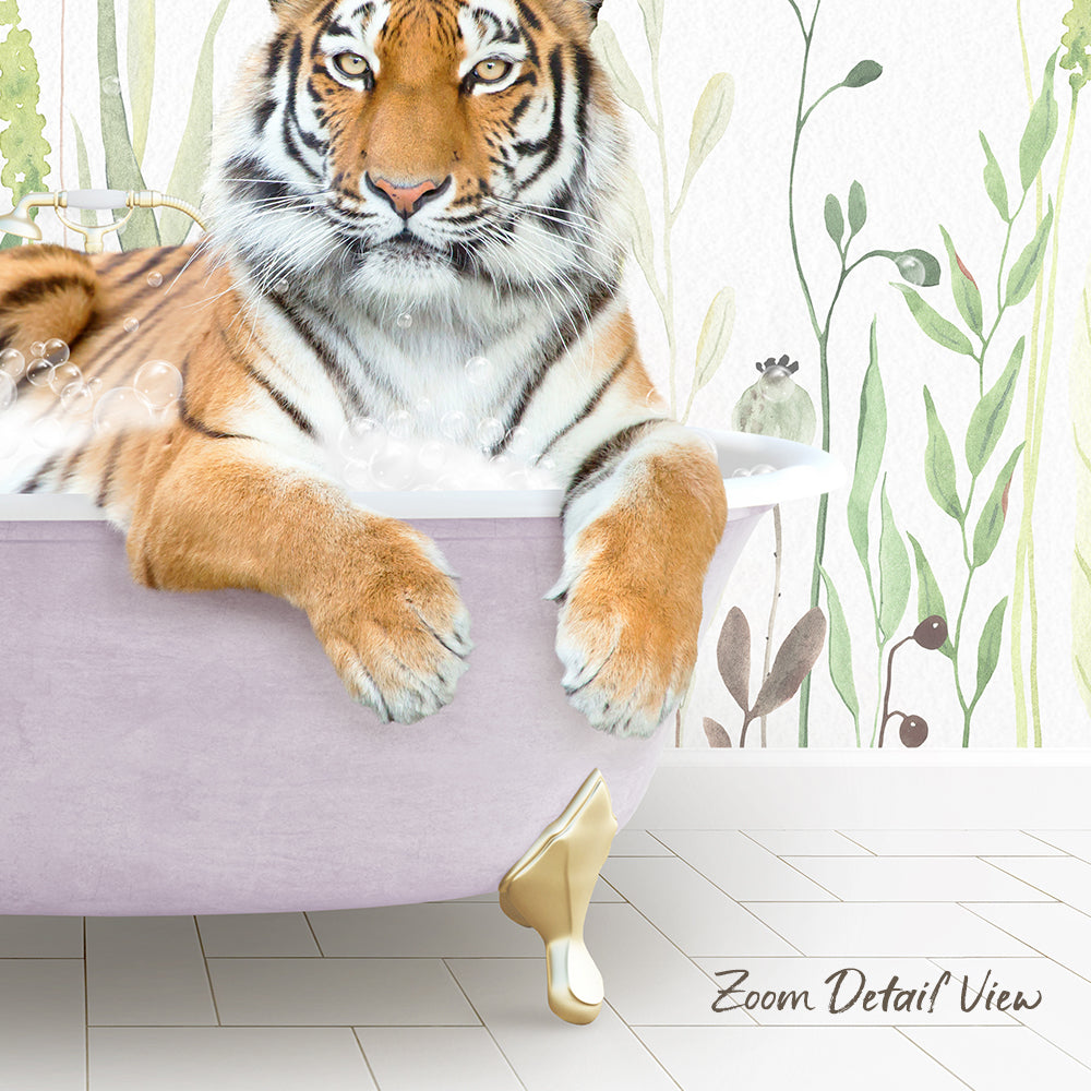 A tiger resting in a bathtub, surrounded by a lush green and white background with plants and leaves.