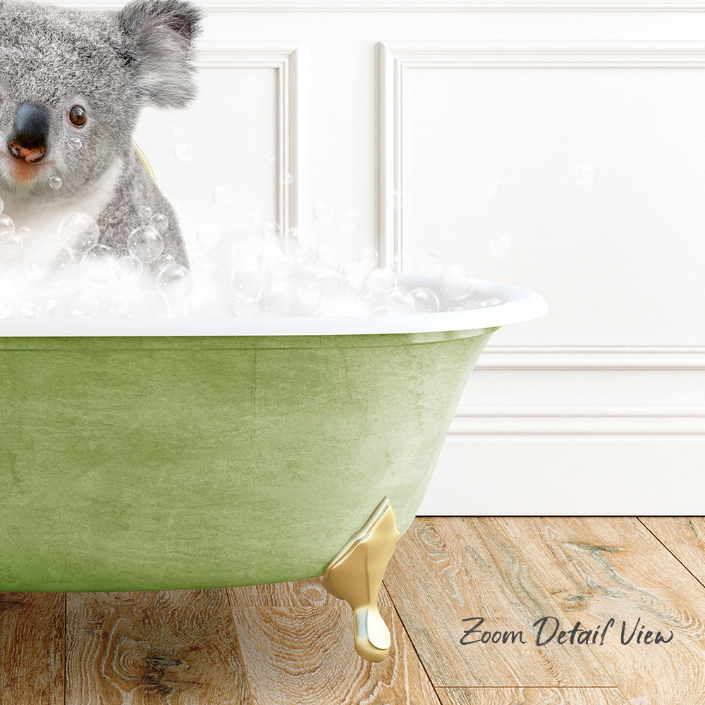 A koala sitting in a green bathtub filled with bubbles, with a wooden floor and white wall in the background.