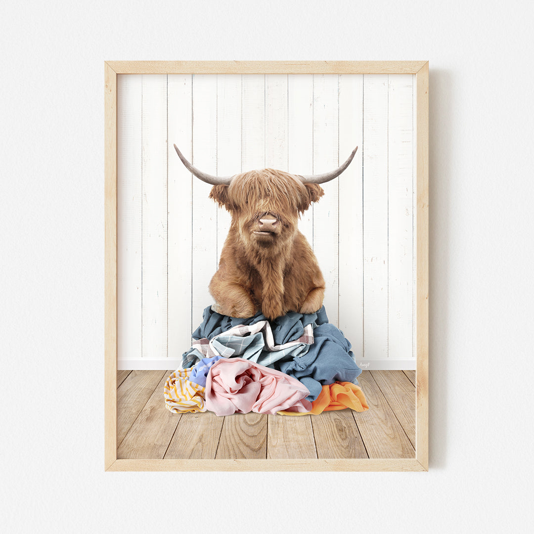 a picture of a highland cow sitting on a pile of clothes