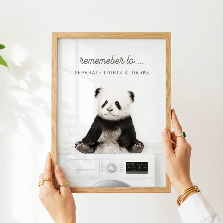 A person is holding up a framed image of a panda bear, with the text "Remember to separate lights & darks" written above the panda.