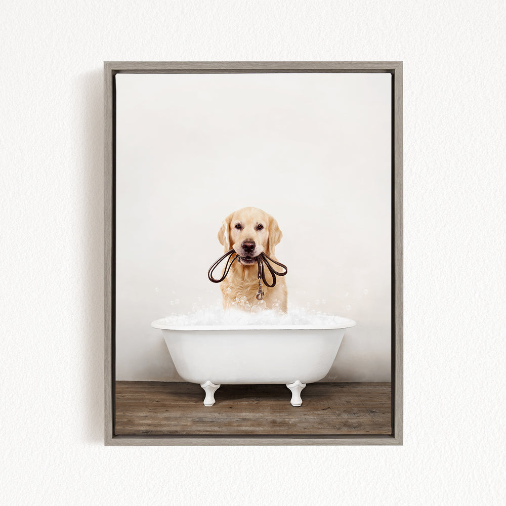 A golden retriever dog is sitting in a white bathtub filled with water, holding a leash in its mouth.
