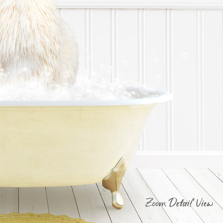 A fluffy white cat is sitting in a yellow bathtub filled with bubbles, creating a cozy and relaxing scene.