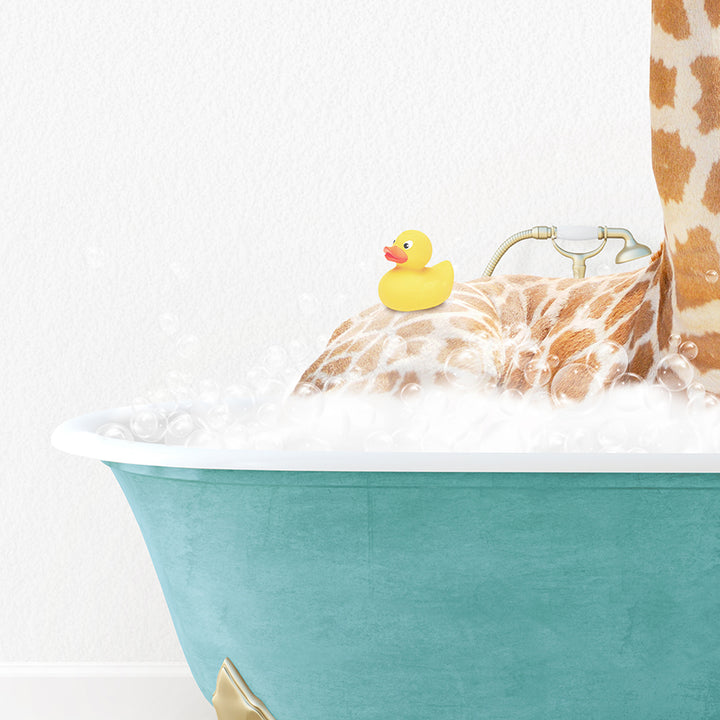 a giraffe in a bathtub with a rubber ducky toy