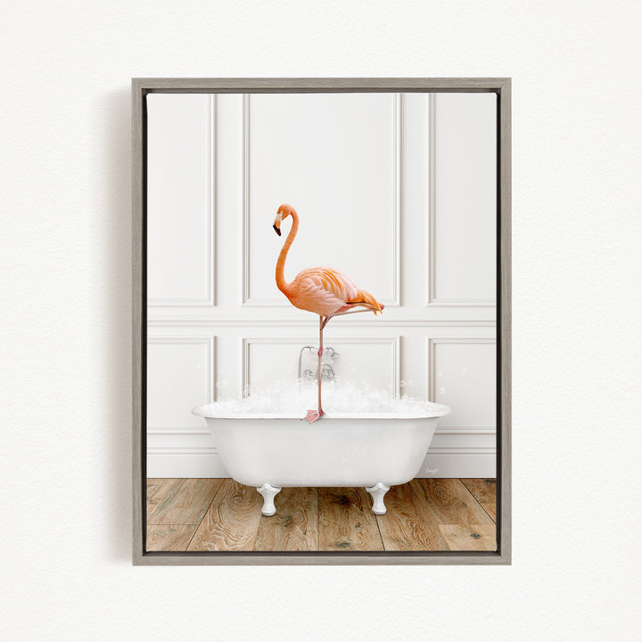 A flamingo standing on the edge of a white bathtub filled with water, creating a whimsical and playful scene.