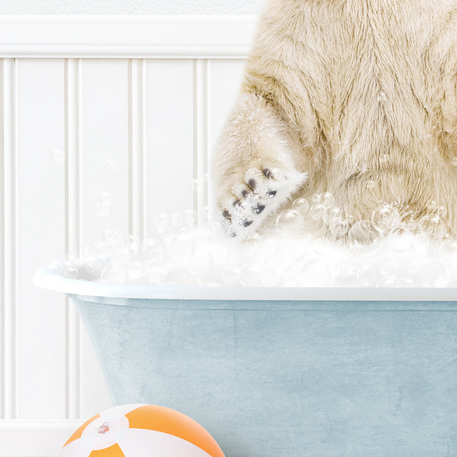 a polar bear in a bath tub with bubbles