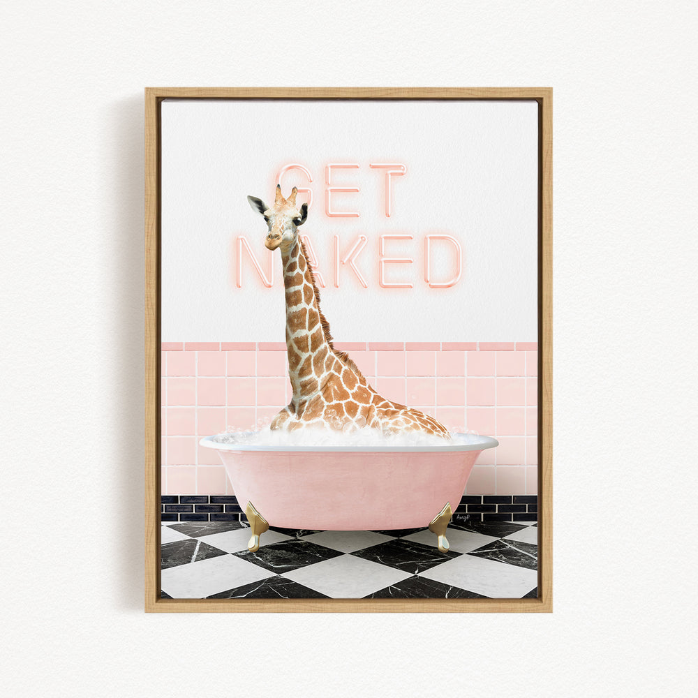 A giraffe sitting in a pink bathtub with the words "GET NAKED" written on the wall behind it.