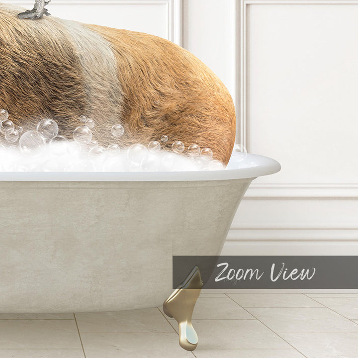A dog is sitting in a bathtub filled with bubbles, enjoying a relaxing bath.
