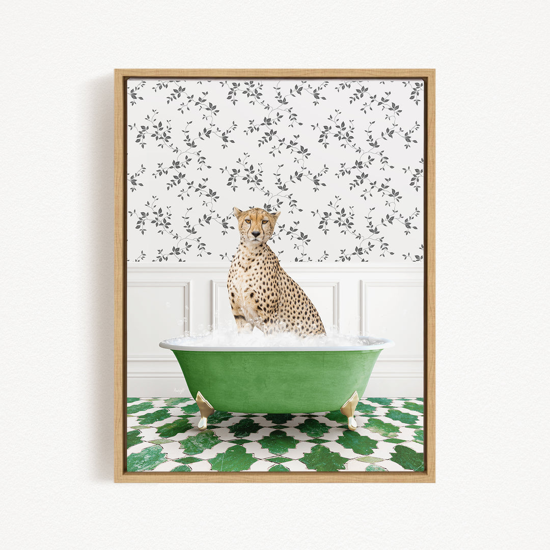A cheetah sitting in a green bathtub filled with water, surrounded by a patterned wall and green and white floor tiles.