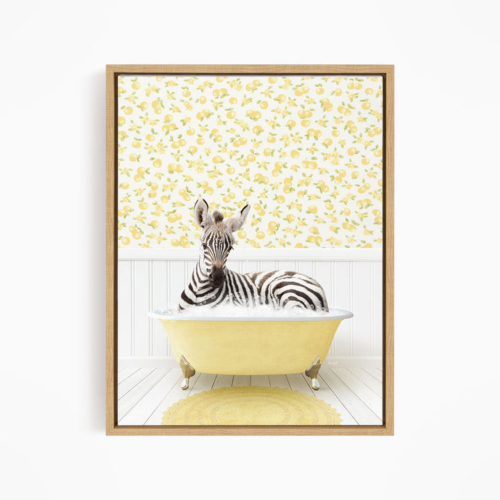 A zebra is sitting in a yellow bathtub, surrounded by a yellow and white floral pattern on the wall behind it.