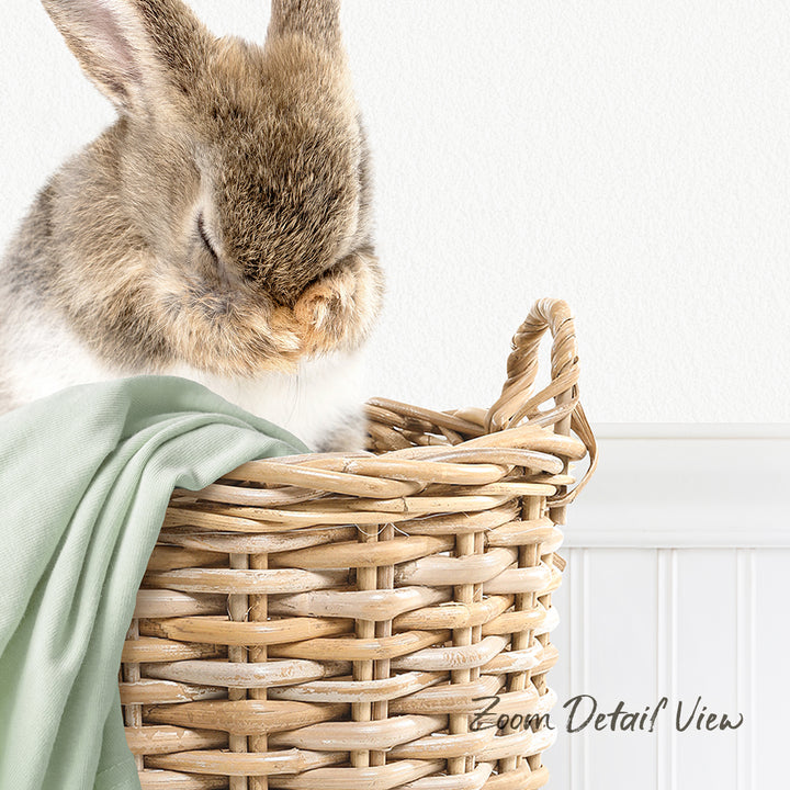 A fluffy brown rabbit is nestled in a woven basket, with its head resting on its paws.