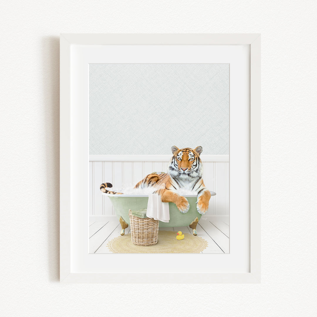 A tiger is sitting in a green bathtub filled with water, surrounded by rubber ducks.