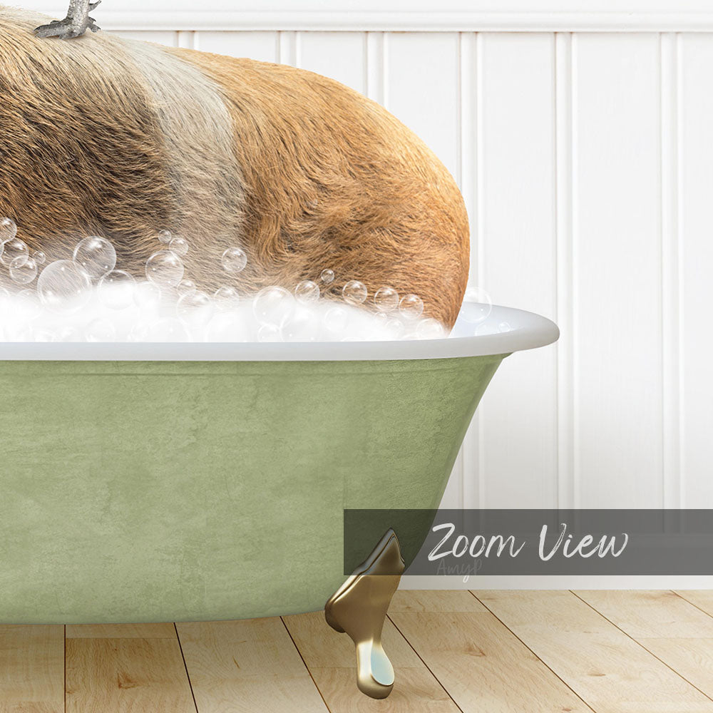 A dog is taking a bath in a green bathtub filled with bubbles, with a white wall in the background.