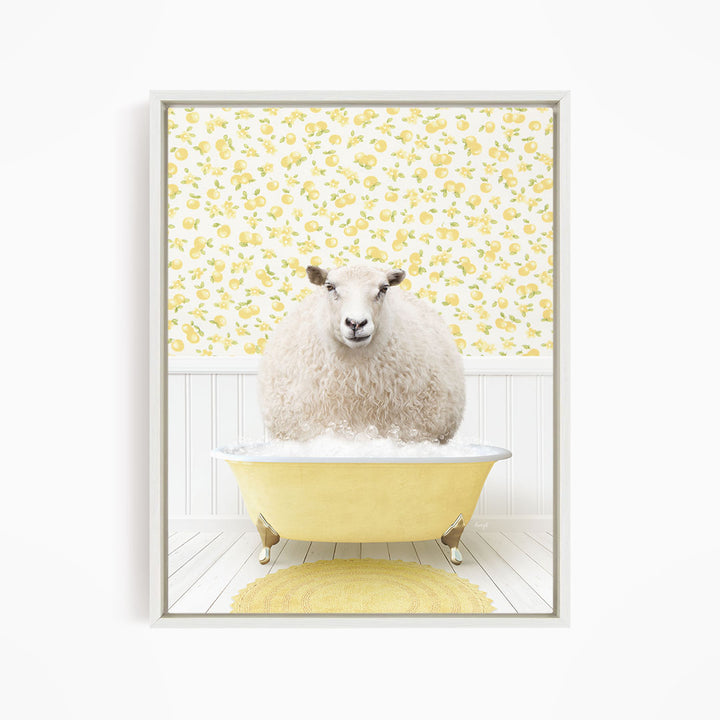 A fluffy white sheep sits in a yellow bathtub, surrounded by a yellow floral wallpaper.