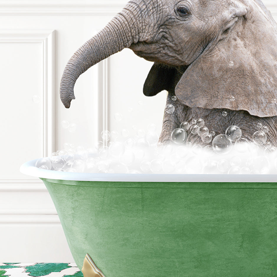 an elephant in a bath tub with bubbles