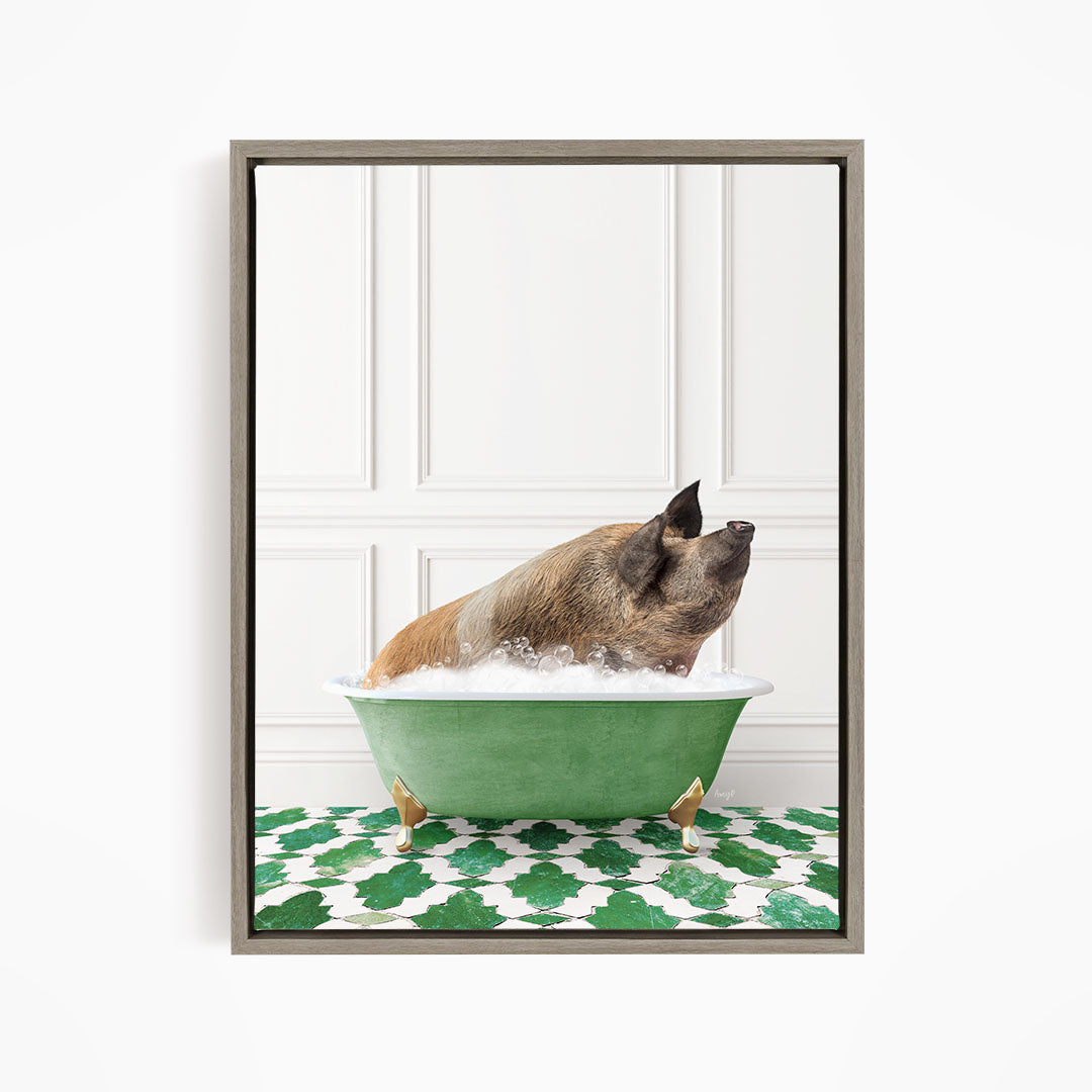 A brown pig sitting in a green bathtub filled with water, with its head raised and eyes wide open, creating a playful and whimsical scene.