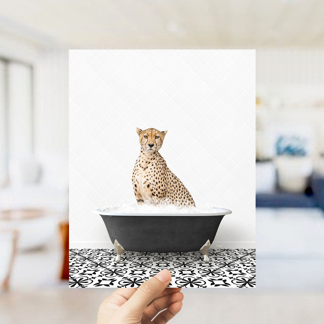 A cheetah sitting in a bathtub filled with water, as if taking a bath.
