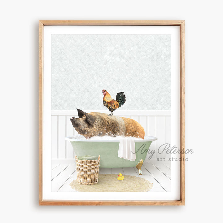 a painting of a dog taking a bath in a tub