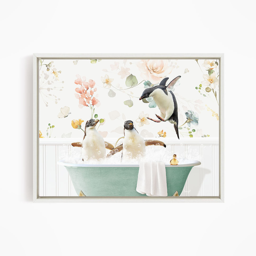A framed image depicting three penguins sitting in a bathtub, surrounded by flowers and greenery.
