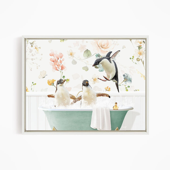 A framed image depicting three penguins sitting in a bathtub, surrounded by flowers and greenery.