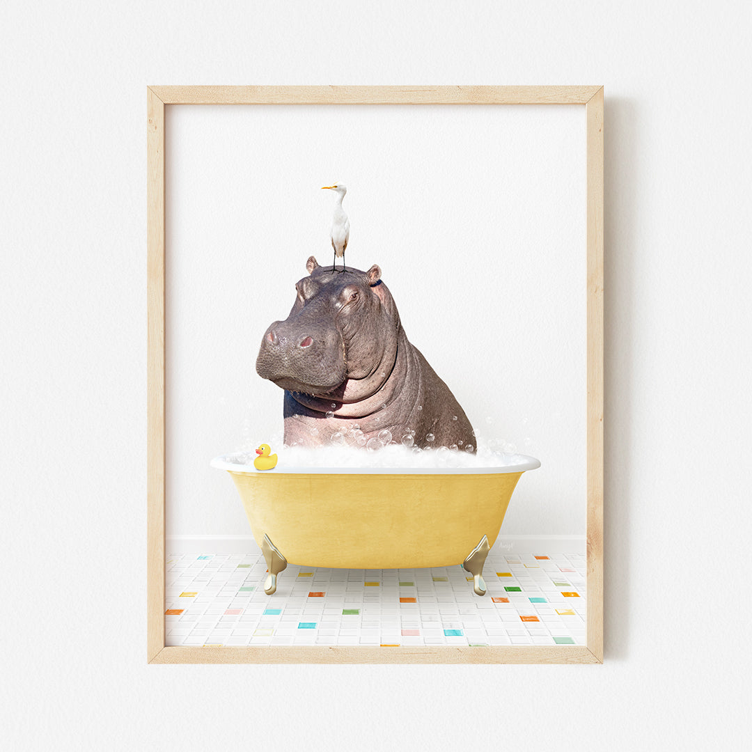 a hippo in a bathtub with a bird on top of it