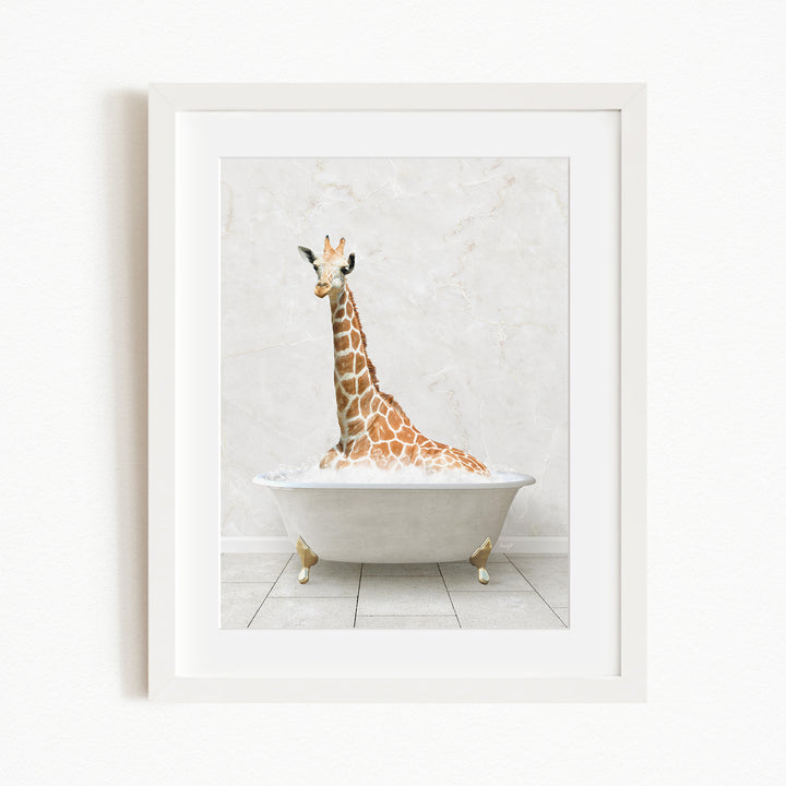 A giraffe sitting in a white bathtub filled with water, creating a whimsical and playful scene.