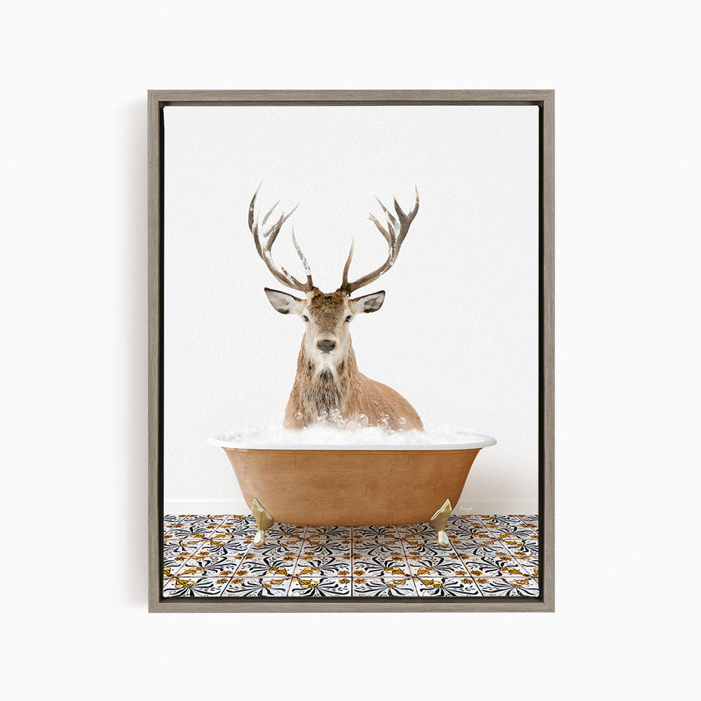 A deer with large antlers is sitting in a bathtub filled with water, surrounded by a patterned tile floor.