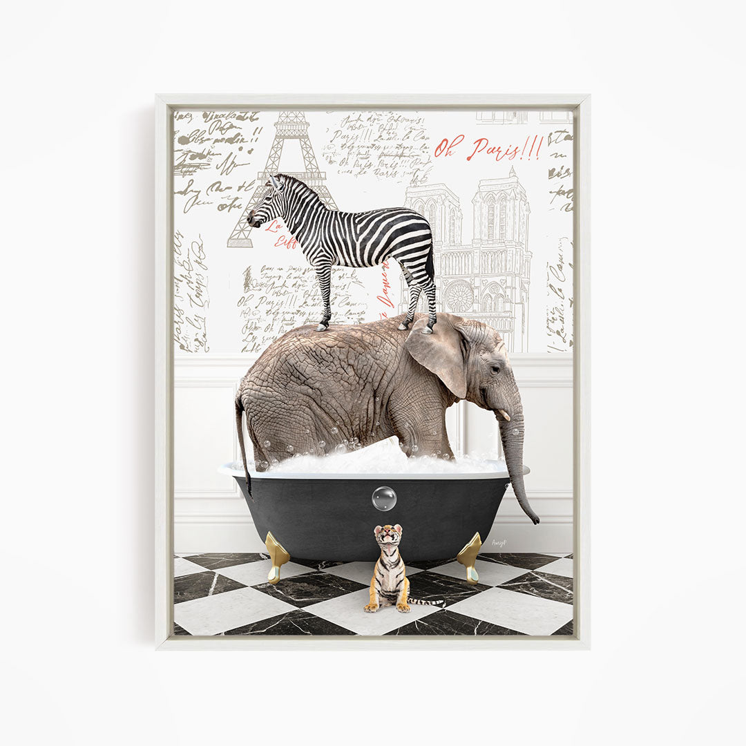 A zebra standing on an elephant's back, with a small tiger sitting in a bathtub, all set against a backdrop of Paris-themed text and illustrations.