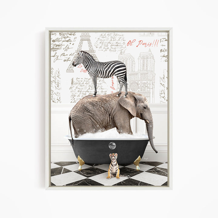 A zebra standing on an elephant's back, with a small tiger sitting in a bathtub, all set against a backdrop of Paris-themed text and illustrations.