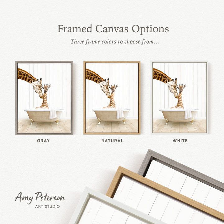The image is a framed canvas option featuring three different colored frames, each containing a photograph of a giraffe in a bathtub.
