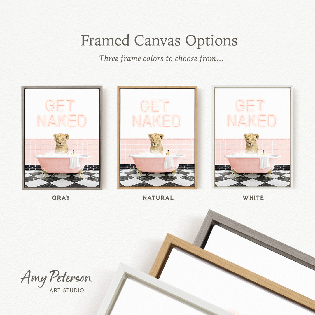 three framed canvas options featuring a pink bathtub with a dog sitting in it, each with a different frame color: gray, natural, and white.