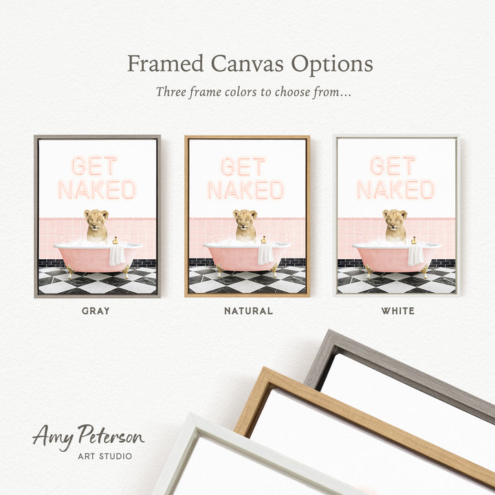 three framed canvas options featuring a pink bathtub with a dog sitting in it, each with a different frame color: gray, natural, and white.