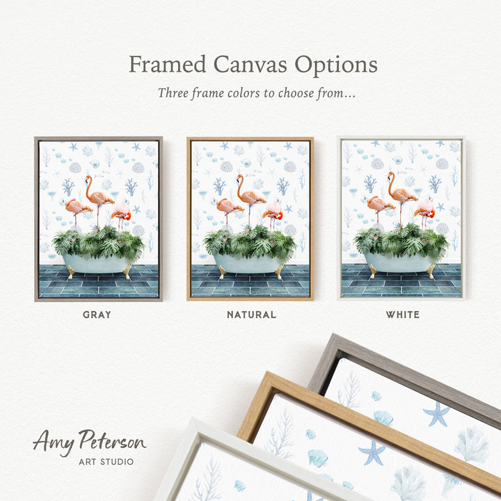 three framed canvas options featuring a painting of flamingos in a bathtub, each with a different frame color: gray, natural, and white.