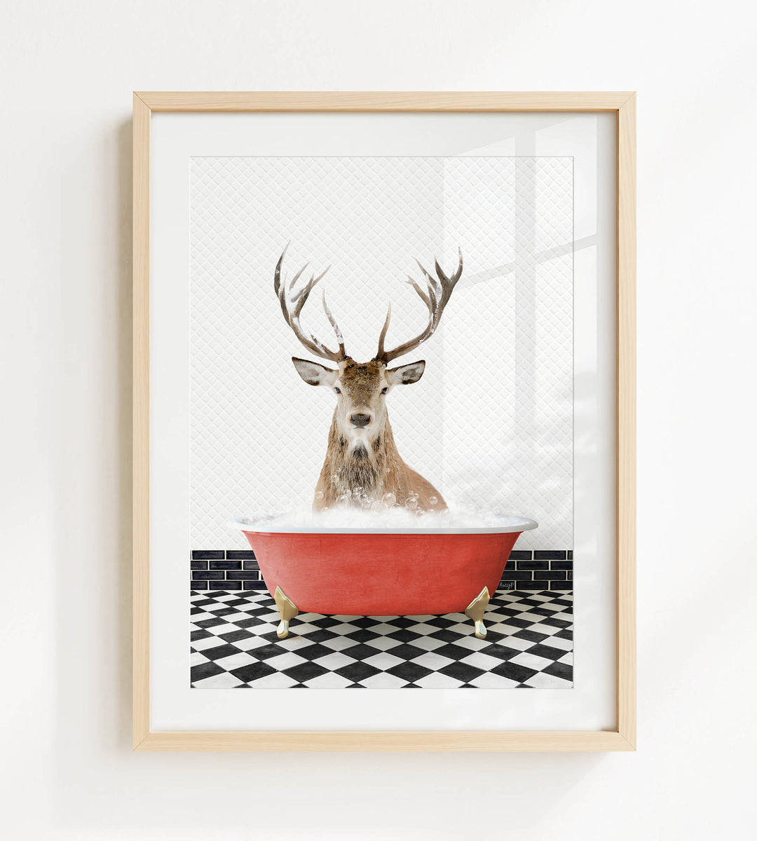 A deer with large antlers is sitting in a red bathtub, surrounded by a black and white checkered floor.