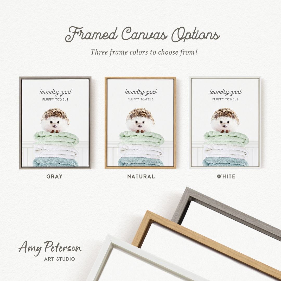 three framed canvas options for laundry goal towels, each with a different color: gray, natural, and white.
