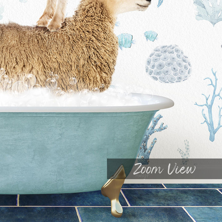 A fluffy brown sheep is sitting in a blue bathtub filled with bubbles, surrounded by a blue and white underwater scene.