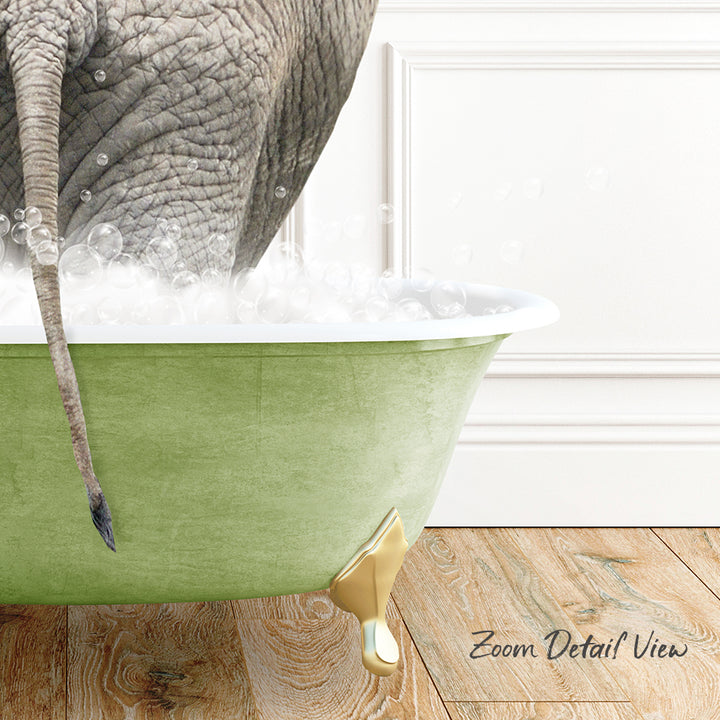 A large elephant is standing in a green bathtub filled with bubbles, with its tail hanging over the side of the tub.