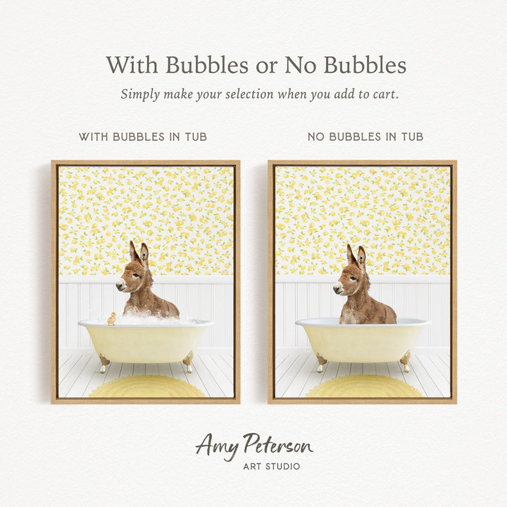 The image is a collage of two pictures, each depicting a dog sitting in a bathtub. The dog is brown and white in color. The collage includes a frame with a yellow and white floral pattern, and the text "With Bubbles or No Bubbles" and "Simply make your selection when you add to cart."