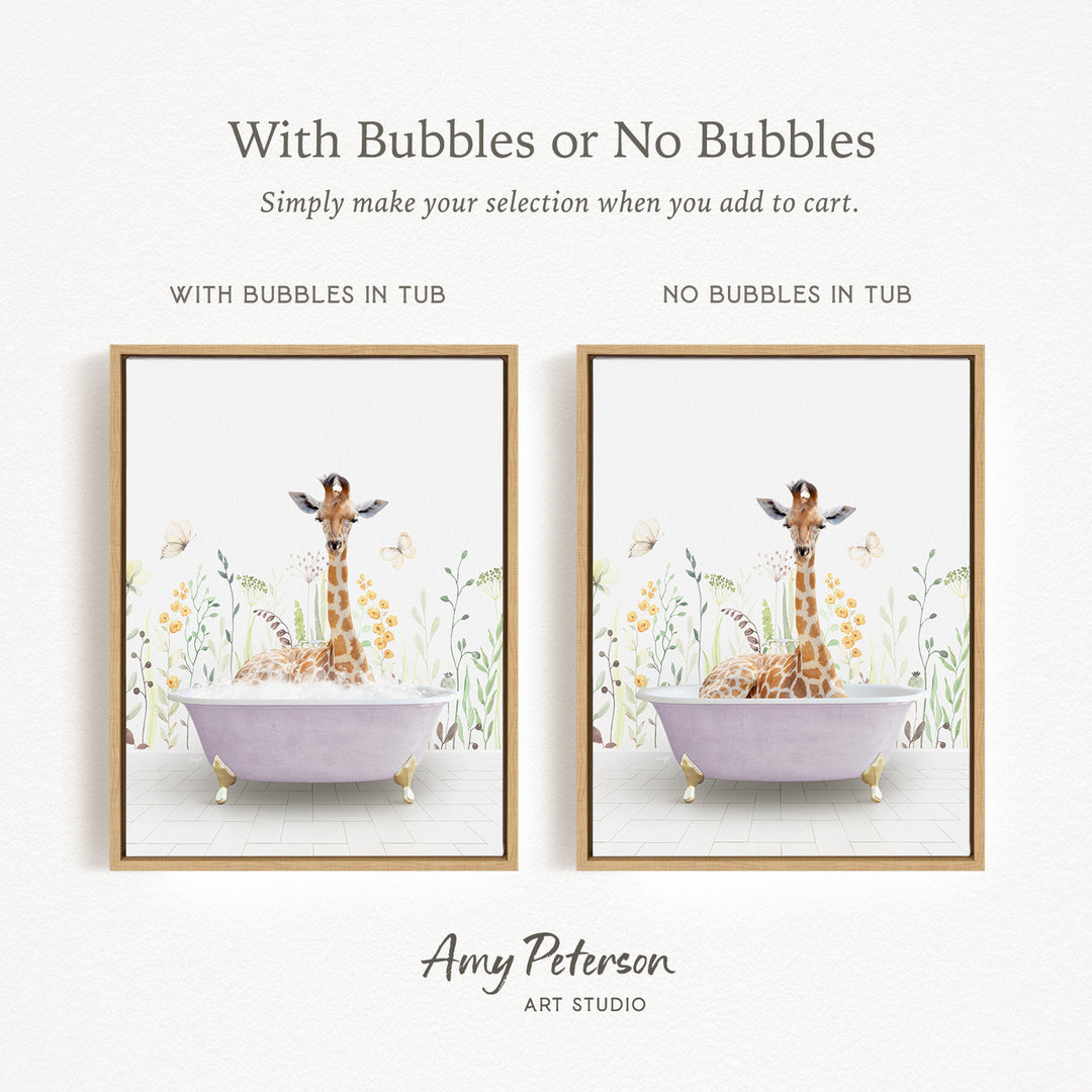 The image is a framed print featuring a giraffe sitting in a bathtub, surrounded by flowers and butterflies. The print has two different options: one with bubbles in the tub and one without bubbles in the tub. The text above the print reads "With Bubbles or No Bubbles Simply make your selection when you add to cart."