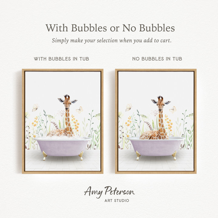 The image is a framed print featuring a giraffe sitting in a bathtub, surrounded by flowers and butterflies. The print has two different options: one with bubbles in the tub and one without bubbles in the tub. The text above the print reads "With Bubbles or No Bubbles Simply make your selection when you add to cart."