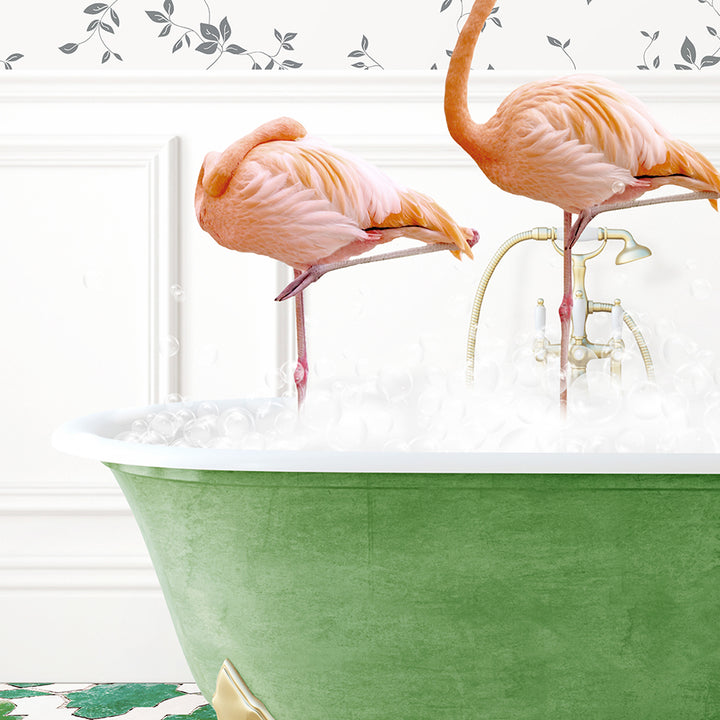 two flamingos standing on legs in a bathtub