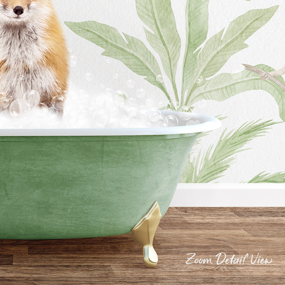 A dog standing in a green bathtub filled with bubbles, with a tropical plant mural in the background.